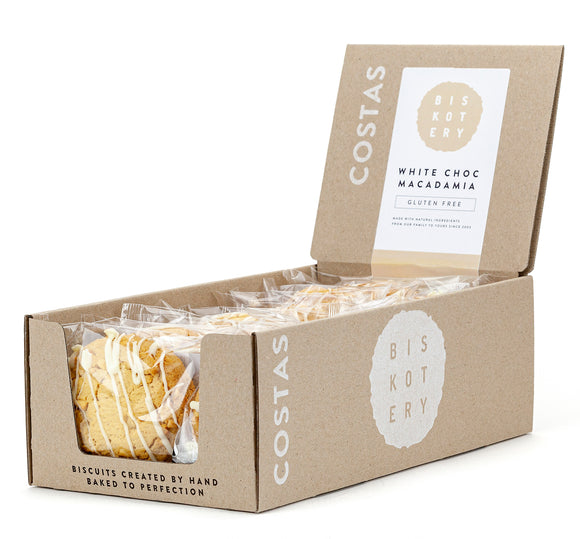 Costa's Biskotery Gluten Free & Individually Wrapped White Choc Macadamia Cookie Box of 16