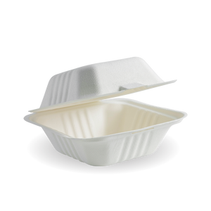 *** ALL NEW LOW PRICE *** Pac Trading 6” White Hamburger Sugarcane Clamshell Box of 400