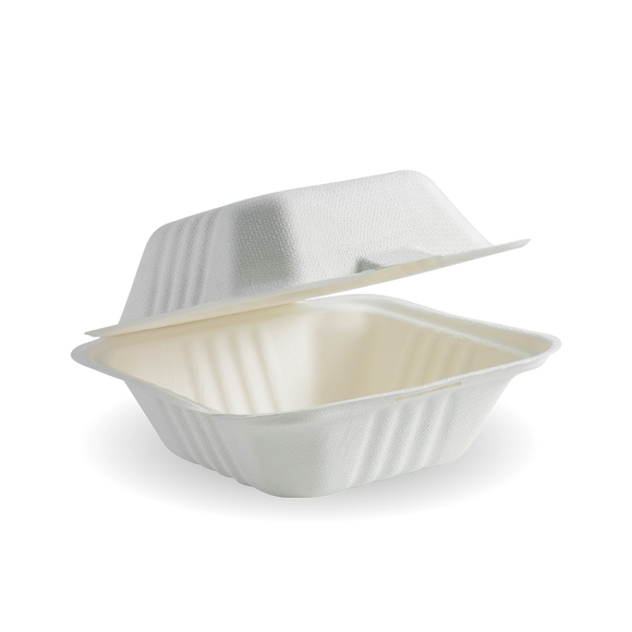 *** ALL NEW LOW PRICE *** Pac Trading 6” White Hamburger Sugarcane Clamshell Box of 400